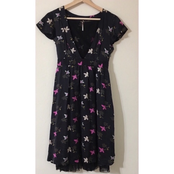 Free People Deep V-neck Silk Tule Floral Dress - Picture 2 of 8